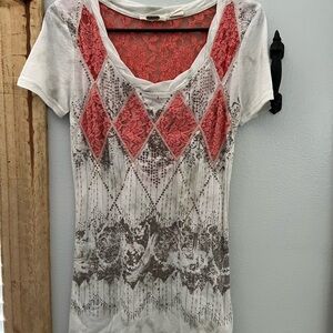 Miss Me Cream and Gray Fitted Graphic T-Shirt Short Sleeve